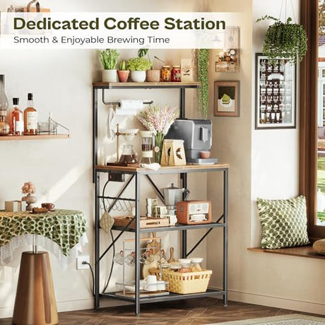Huuger 4-Tier Bakers Rack with Reversible Power Outlet, 23.6 Inch Microwave Stand, Kitchen Coffee Bar, with Top Shelf, 6 S Hooks, Rustic Brown Huuger