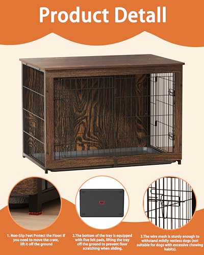 Megidok Wooden Dog Crate Furniture with Cushion, Dog Crate End Table with Tray, Double Doors Dog Crate Furniture Style, Decorative Dog Kennels Indoor (37" L*25" W*26" H, Rustic Style) Megidok