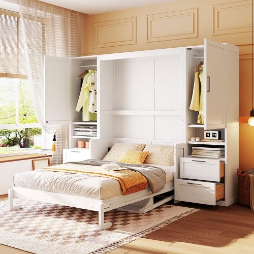 Full Size Murphy Bed with Closet, Wall Bed with Drawers and Shelves, Folding Cabinet Bed with Desk for Home Office, Studio, White Bellemave