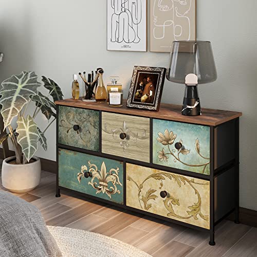 Tohomeor Dresser with Drawers for Bedroom Chest of Drawers Fabric Dresser for Closet,Nursery Entryway Hall Tree TV Stand for Living Room Retro Floral Pattern Drawers Wooden Top (5 Drawers) Tohomeor