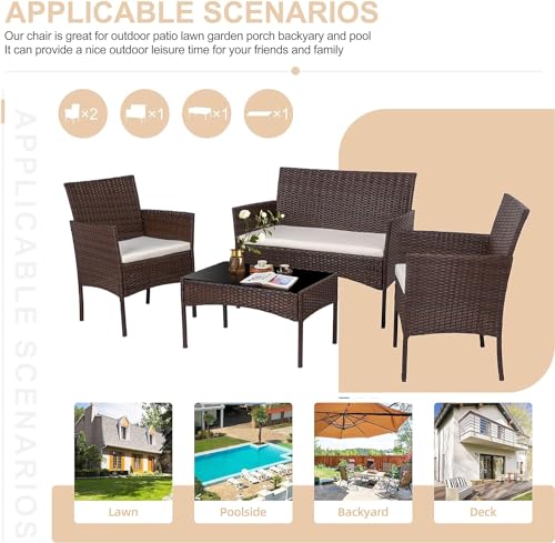 Shintenchi 4 Piece Outdoor Patio Furniture Sets, Small Wicker Patio Conversation Furniture Rattan Chair Set with Tempered Glass Coffee Table for Backyard Porch Garden Poolside Balcony Shintenchi