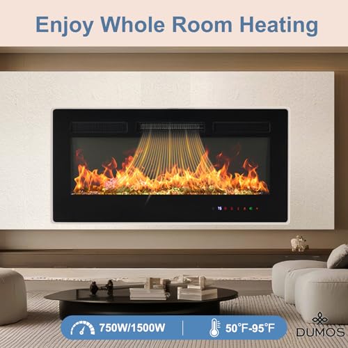 DUMOS 36" Freestanding Electric Fireplace, 1500W/750W Wall Mounted or Recessed Insert Fireplaces Heater with Remote Control,13 Adjustable Flame Color, 12H Timer, Touch Screen，Inky DUMOS