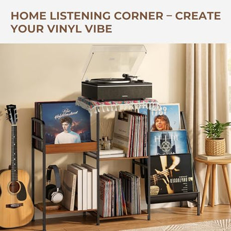 Qlearsoul Vinyl Record Stand, 3-Tier Record Player Table with Left and Right Storage for Living Room Bedroom Qlearsoul