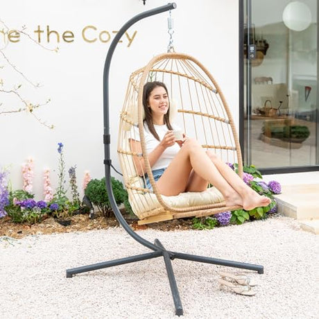 Yechen Hanging Egg Chair with Stand and Footrest for Indoor Outdoor, Foldable Wicker Rattan Patio Egg Swing Chairs Hammock Egg Chair with UV Resistant Cushion for Bedroom Porch, 350 Lbs Capacity Yechen