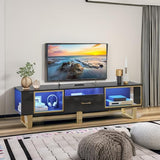 Bestier 70 Inch TV Stand with LED Lights for 75 Inch TV, Entertainment Center with Open Storage and Half-Glass Design Drawer, Modern High Gloss TV Console Table for Living Room, Black and Gold Bestier
