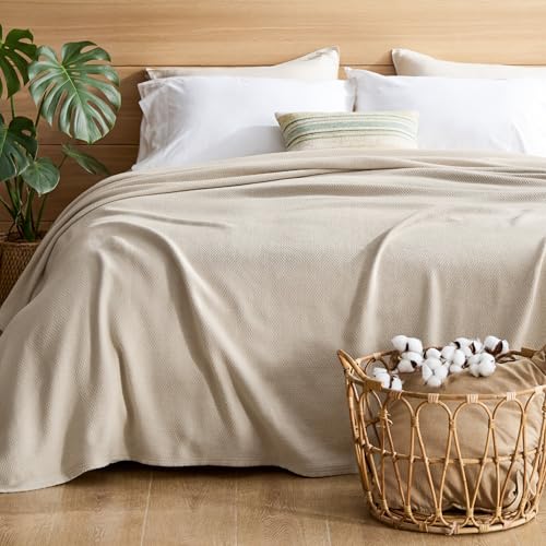 Bedsure GentleSoft 100% Cotton Blanket Queen Size for Bed - Breathable and Lightweight, Soft Cozy Textured Herringbone Woven Blanket for Summer Spring, Linen Beige, 90x90 inches Bedsure