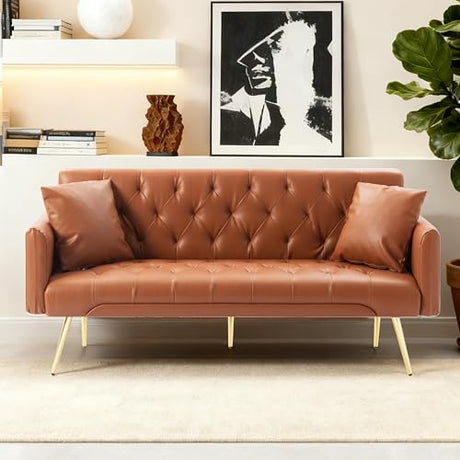 Anwick 72" Modern PU Leather Sofa Bed Futon,Convertible Folding Sleeper Bed Couches with 3 Adjustable Backrests,Tufted Recliner Loveseat with Golden Chrome Legs for Small Living Room Office (Brown) Anwick