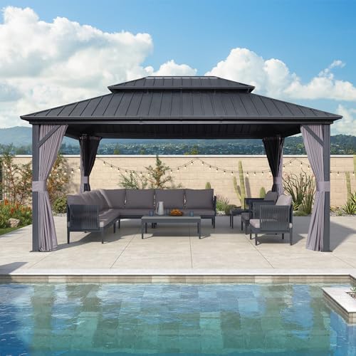 PURPLE LEAF 12' X 16' Permanent Hardtop Gazebo Outdoor Aluminum Gazebo with Heavy Duty Galvanized Steel Double Roof for Patio Lawn Garden Aluminum Gazebo with Netting and Curtains Grey - WoodArtSupply