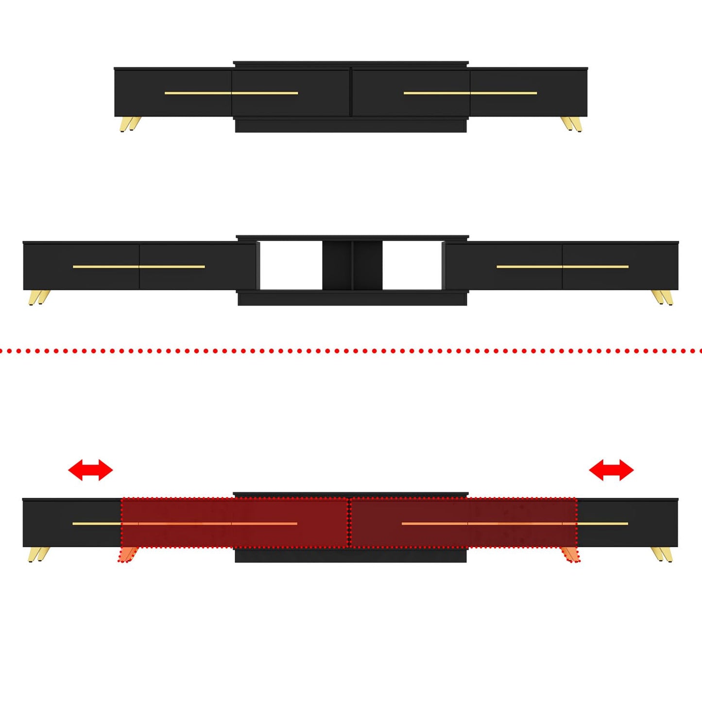 AIEGLE Deformable TV Stand with 4 Drawers, Modern Extendable TV Stand in Stretch for TVs up to 120", Wood Gaming Entertainment Center Media Stand with Adjustable Width, Black (Wide 95"-134")