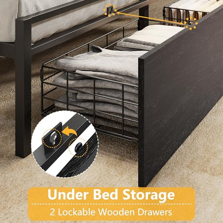 Furnulem King Bed Frame with Wood Headboard & Storage Drawers, Metal Platform Bed Frames King Size with LED Lights, Built in Charging Station, No Box Spring Needed, No Noise, Easy Assembly, Black Furnulem