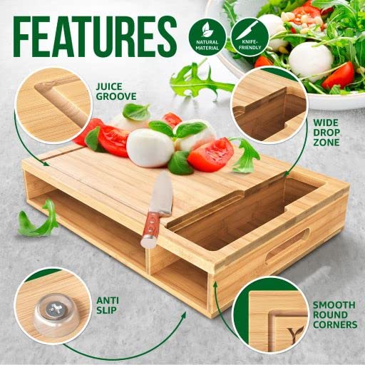 YANs Bamboo Cutting Board with Containers for Easy Meal Prep - Chopping Board Set -Extra Large Space Saving Cutting Board Set with Juice Groove to Keep Your Kitchen Tidy - WoodArtSupply