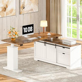 Whalefall L Shaped Standing Desk with Drawers, Height Adjustable Farmhouse Executive Computer Desk, Corner Desk with Cable Management and File Storage for Home Office, White Whalefall