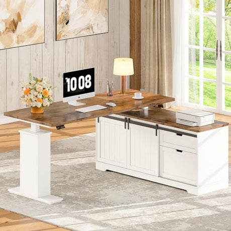 Whalefall L Shaped Standing Desk with Drawers, Height Adjustable Farmhouse Executive Computer Desk, Corner Desk with Cable Management and File Storage for Home Office, White Whalefall
