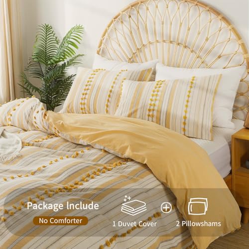 La Sheer Washed Cotton Queen Size Duvet Cover Set - Tufted Dots Boho Chic Bedding for All Seasons, Striped Pom Pom Bedding Linen Like Textured Breathable Durable Soft Comfy (Yellow, 90x90'') La Sheer