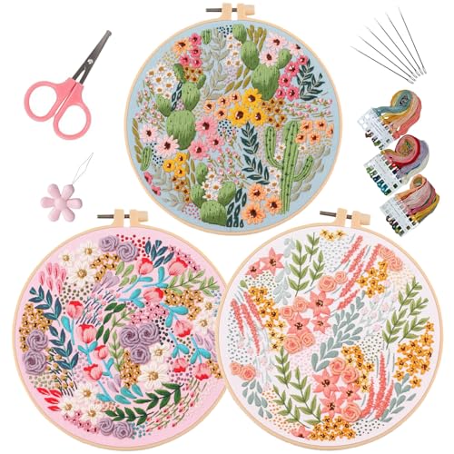 LB Pink Floral Embroidery Kit for Beginners Adults, 3 Sets Hand Embroidery Starter Kit with Cactus Flower Pattern and Instructions Stamped Cross Stitch Kits Include Embroidery Hoop Needles Threads