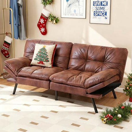 Vipbear 71" Futon Sofa Bed - Convertible Sofa Beds/Adjustable Backrest & Armrest, Comfy Loveseat Sleeper for Small Spaces, Apartments & Offices,Faux Leather Brown Futons Vipbear