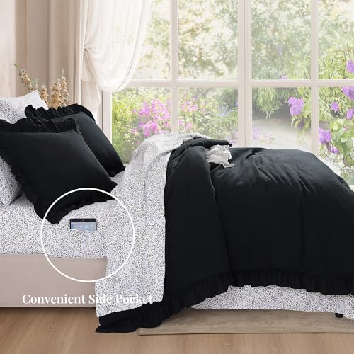 BLOOMHAVEN Full Comforter Set - 7 Pieces Ruffle Black Bedding Sets, Shabby Chic Farmhouse Bed in a Bag Full with Ruffle Comforter, Floral Sheets, Pillowcases & Shams BLOOMHAVEN