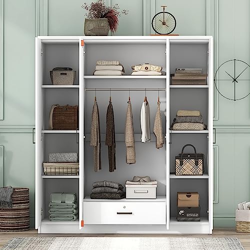 Merax 4 Door Wardrobe Cabinet Closet with Storage Drawers, Shelves and Hanging Rail for Clothes, Bedroom Organizer, White Merax