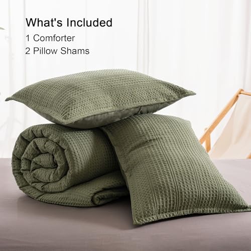 PHF Soft Waffle Comforter Set King Size- Comfy Breathable Waffle Weave Comforter with 2 Pillow Shams, 3 Pieces Less Snagging Lightweight Textured Bedding Set for All Season, Olive Green PHF