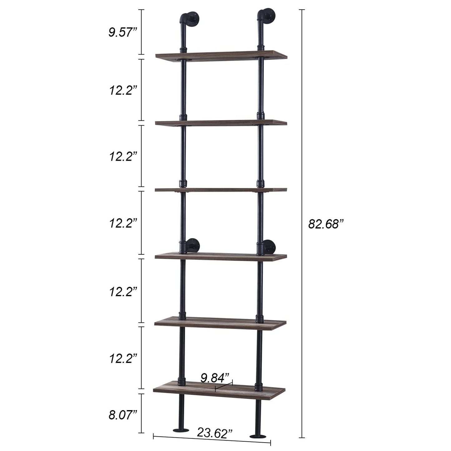 HOMBAZAAR Industrial 6-Tier Wall Mounted Bookshelf with Metal Frame in Oak Brown - WoodArtSupply