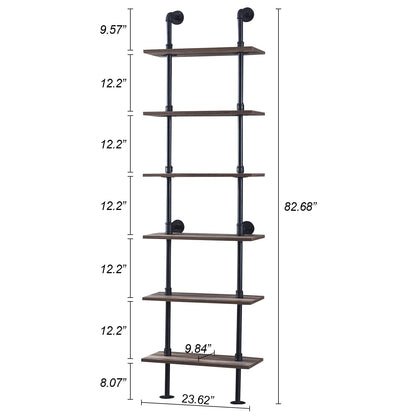 HOMBAZAAR Industrial 6-Tier Wall Mounted Bookshelf with Metal Frame in Oak Brown - WoodArtSupply