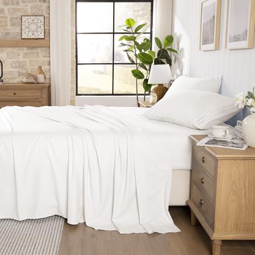 ROSE&RISY White King Sheet Set Pre-Washed Cotton-Like Microfiber, 4 Pieces Ultra Soft Bed Sheet Set King, Breathable Deep Pocket Skin Friendly, Includes 1 Fitted, 1 Flat, 2 Pillowcases (White, King)