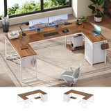 YIDUNLIFE L Shaped Desk, 67" Reversible Computer Desk with 4 Fabric Drawers and Power Outlet, Corner U Shaped Desks with Shelf and Pegboard for Home Office, Brown+White YIDUNLIFE