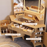 GarveeHome 48 in Fluted Makeup Vanity Desk, Large Lighted Corner Vanity with HD Triple Mirror and Lights, Dressing Table with Glass Top & Charging Station for Bedroom GarveeHome