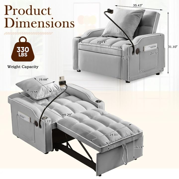SLEERWAY 3-in-1 Convertible Futon Sofa Bed Chair, Multi-Functional Sleeper Chair Bed with Pull Out Couch and Adjustable Backrest, Modern Velvet Chaise Lounge Armchair for Living Room Bedroom, Grey SLEERWAY