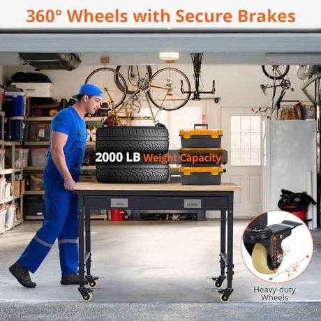 48"x 24" Workbench with Drawer for Garage, Rolling Heavy-Duty Worktable with Power Outlet and Lockable Wheels, Adjustable Height Rubber Wood Top Shop Table for Workshop, 2000LBS Load Capacity ElfinAura