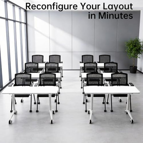 OOFAYBILL 8 Pack Folding Conference Table with Wheels & Flip Top - Business Mobile Meeting Table for Office, Training Seminar, Home Use -Space Saving Design, Easy Folding Classroom Table﻿ OOFAYBILL