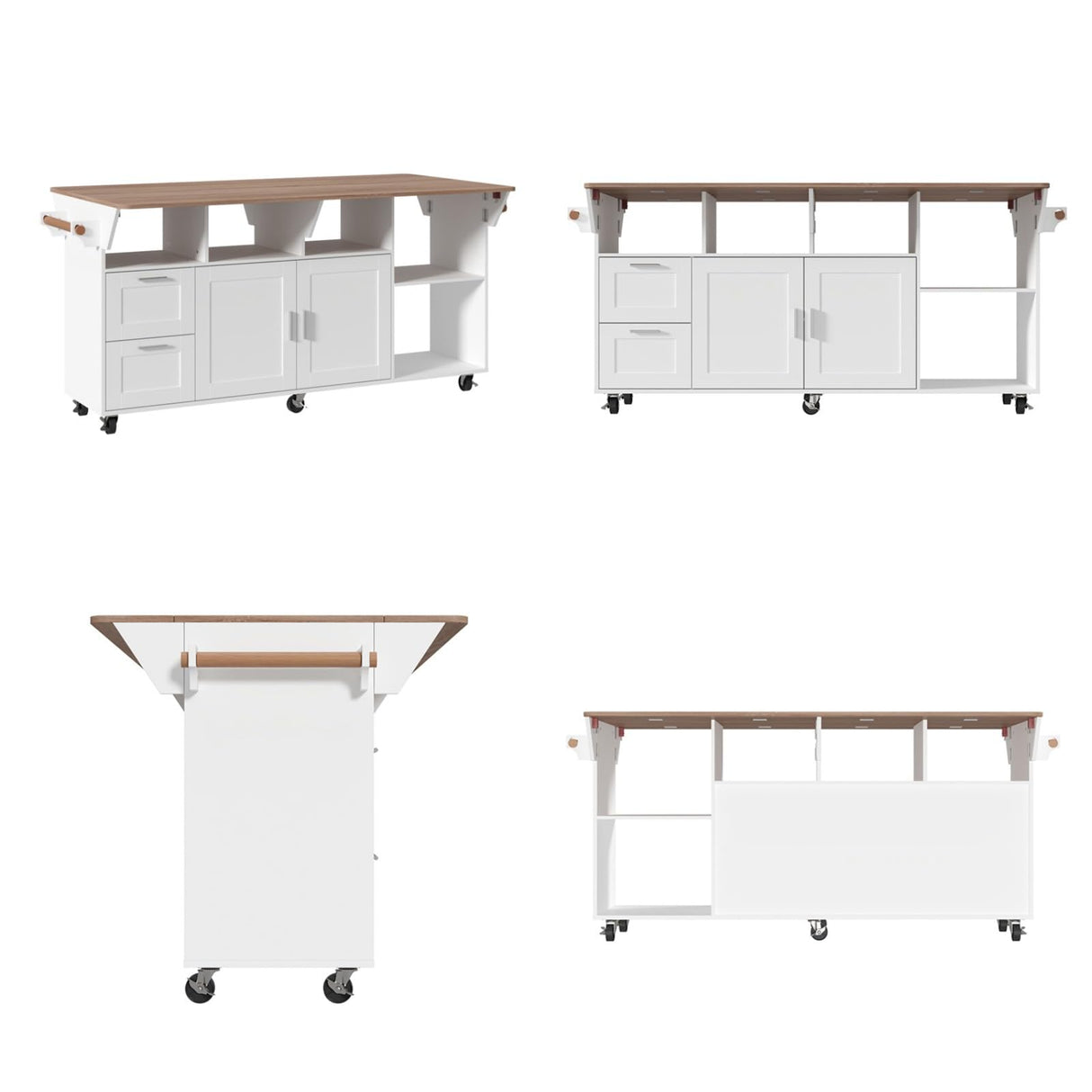 JOIKUJIA Rolling Kitchen Island Cart with Storage, Mobile Kitchen Island on Wheels with Drop Leaf & 2 Drawers, Adjustable Shelf, Towel Rack & Brown Tabletop, White, 70.9”W x 31.7”D x 31.6”H JOIKUJIA