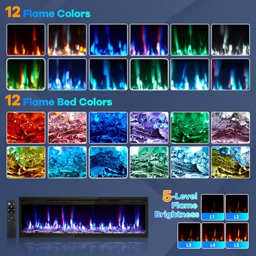Garvee 60 in Electric Fireplace Inserts, 750/1500W Recessed and Wall Mounted Fireplace Heater with Remote Control, Adjustable Flame Color & Brightness, 9H Timer, Log & Crystal, Black Garvee
