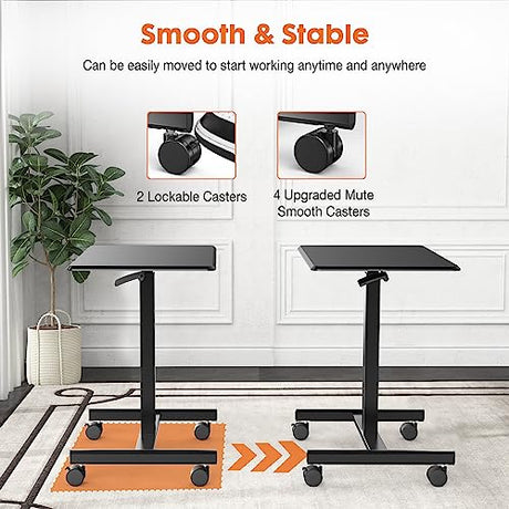 Sweetcrispy Small Mobile Rolling Standing Desk - Overbed Table, Mobile Portable Rolling Laptop PC Table with Locking Wheels, Adjustable Height Computer Workstation for Home Office, 19 Inch, Black Sweetcrispy