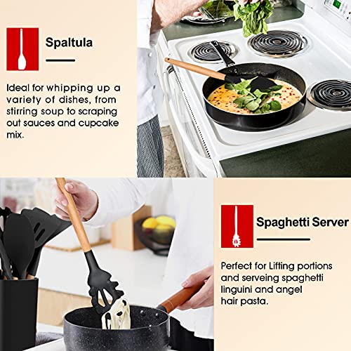 E-far Cooking Utensils Set of 6, Silicone Kitchen Utensils with Wooden Handle, Non-stick Cookware Friendly & Heat Resistant, Includes Spatula/Ladle/Slotted Turner/Serving Spoon/Spaghetti Server(Black) E-far