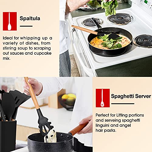 E-far Cooking Utensils Set of 6, Silicone Kitchen Utensils with Wooden Handle, Non-stick Cookware Friendly & Heat Resistant, Includes Spatula/Ladle/Slotted Turner/Serving Spoon/Spaghetti Serv - WoodArtSupply