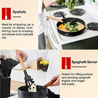 E-far Cooking Utensils Set of 6, Silicone Kitchen Utensils with Wooden Handle, Non-stick Cookware Friendly & Heat Resistant, Includes Spatula/Ladle/Slotted Turner/Serving Spoon/Spaghetti Serv - WoodArtSupply