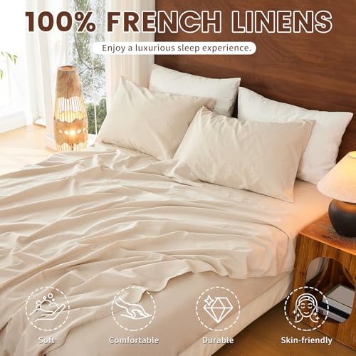 Bedlifes 100% French Pure Linen Sheets Queen Size Breathable and Cooling Flax Sheet Set Soft Durable and Moisture Wicking 16 Inch Deep Pocket-4 Piece(Queen,Linen) Bedlifes
