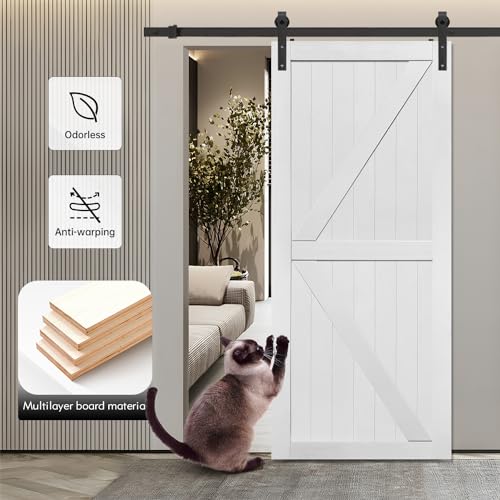 S&Z TOPHAND® 36in x 84in MDF Barn Door with 6.6FT Sliding Door Hardware Kit, 24-54in Solid Barn Door Slab Covered with Water-Proof PVC Surface S&Z TOPHAND