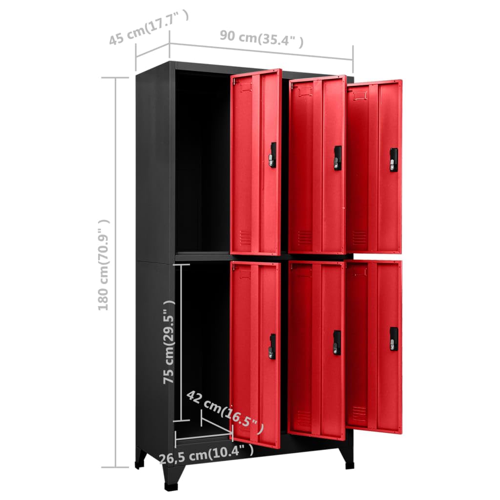 vidaXL Steel Locker Cabinet - Red and Anthracite - 35.4"x17.7"x70.9" - 6 Compartments with Lockable Doors, Ventilated, Name Tag Holders vidaXL