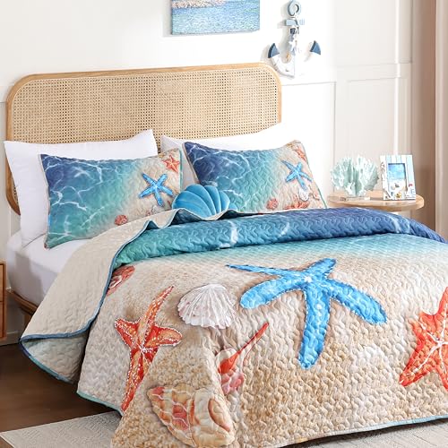 weigelia Coastal Quilt Set King Size – 3 Piece Lightweight Beach Themed Bedding, Soft & Breathable Polyester Coverlet, All Season Quilts & Bedspread for Bedroom Décor weigelia