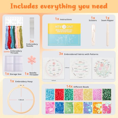 HTVRONT Bead Embroidery Kit for Beginners 3 Sets Bling Bling Bead Embroidery Kit with Step By Step Stitch Video & Instructions, Three-Dimensional Starter Embroidery Set with 19 Stitches for Gift