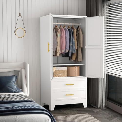 Anewome 71" Metal Armoire Wardrobe Closet with 2 Drawers, Freestanding 2-Door Tall Clothing Storage with Adjustable Shelves and Hanging Rod for Bedroom Dorm, White Anewome