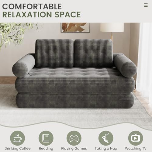DSNAPE 59" Convertible Sofa Bed, 5-in-1 Folding Loveseat Sleeper Chair with Pillows Removable Armrests, Fold Out Boneless Couch Futon Floor Mattress Lounge for Apartment Dorm Living Room - Grey, Full DSNAPE