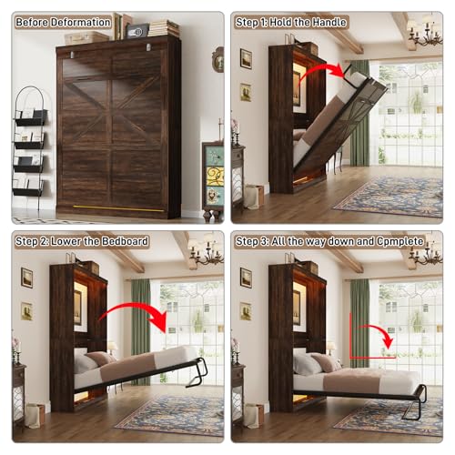 Hlivelood Queen Size Murphy Bed with 2 LED Lights, Farmhouse Wood Hidden Foldable Wall Bed Frame w/Gas Struts, Storage Bed Cabinet for Bedroom, Office, Space-Saving, No Box Spring Needed, Brown Hlivelood