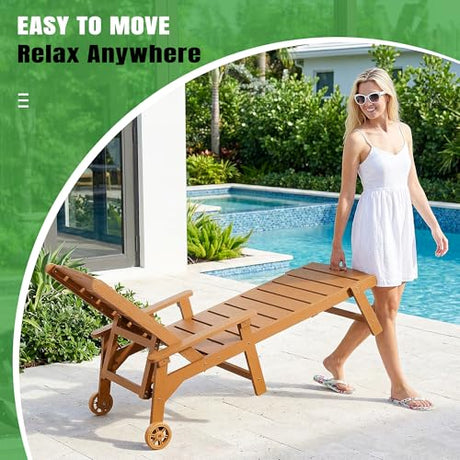 LegacyAmerhome Outdoor Lounge Chair Set of 2 with 5-Position Adjustable, Outside Lounge Chair with Cup Holder, Wheels for Easy Mobility, HDPE Tanning Chair for Poolside, Patio, Brown LegacyAmerhome
