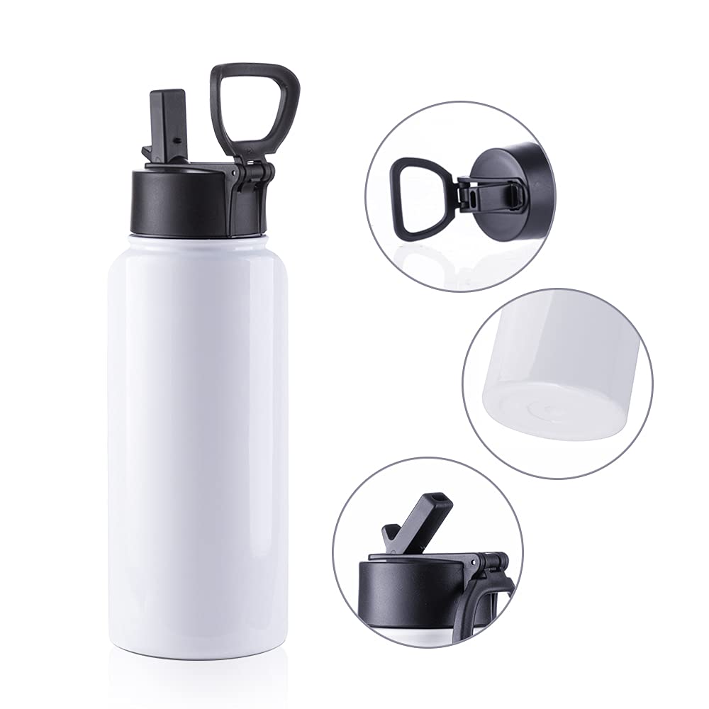 PYD Life 2 Pack Sublimation Blank Tumbler 32 OZ White Vacuum Flask Stainless Steel Sports Wide Mouth Water Bottle with Straw and Portable Handle