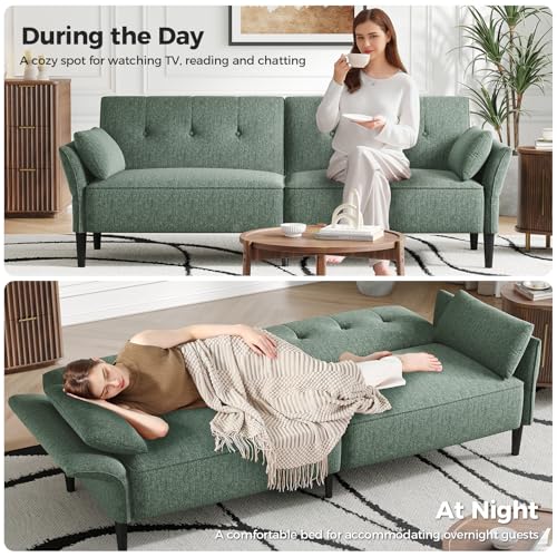 COPIAE 89” Futon Sofa Bed,Comfy Futon Couch Bed with 2 Square Pillows,Convertible Sleeper Sofa with Adjustable Backrest& Armrests, Modern Loveseat Sleeper for Living Room, Bedroom, Linen Green COPIAE