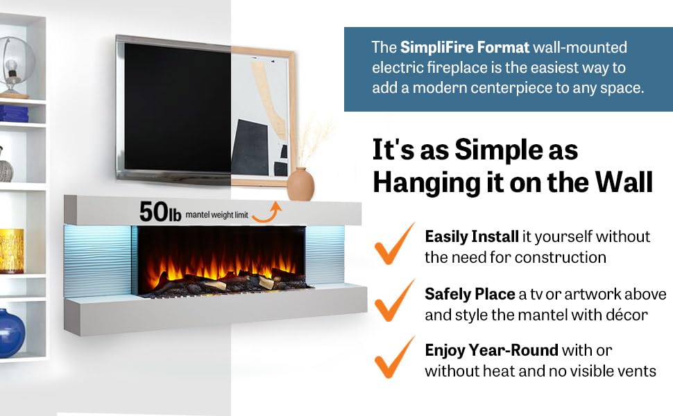 SimpliFire Format 36-Inch Wall Mount Electric Fireplace with 60-Inch Floating Mantel (SF-FORMAT36-SF-FM60-WH)