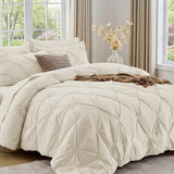 Sasttie King Size Comforter Set, 7-Piece Bed in a Bag, Pintuck Bedding Set for All Season, Includes Comforter, Flat Sheet, Fitted Sheet, Pillowcases and Pillowshams, Beige Sasttie